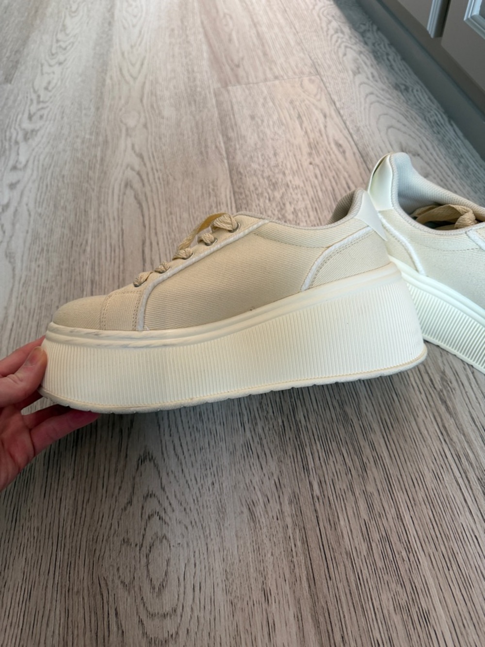 Womens Cream Platform Canvas Sneakers - Casual Lace-Up